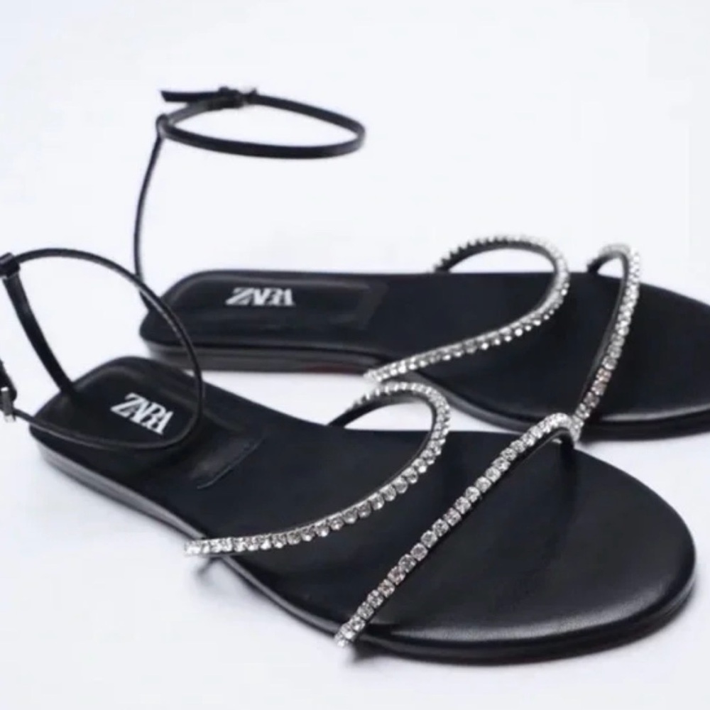 Zara Black Crystal-Strap Flat Ankle-Tie Sandals